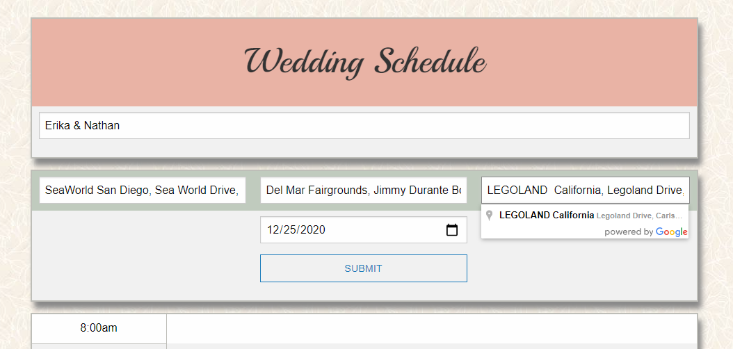 Wedding Planner Form Fields